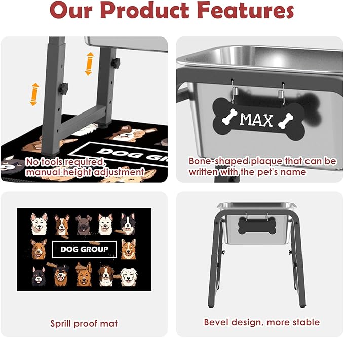 2.8 Gallon Elevated Dog Water Bowl, ADENGL Height Adjustable (10.4–15.2'') Raised Stainless Steel Bowl with Spill-Proof Mat & Sturdy Metal Stand, Tip-Proof, Easy to Clean, Indoor & Outdoor Use