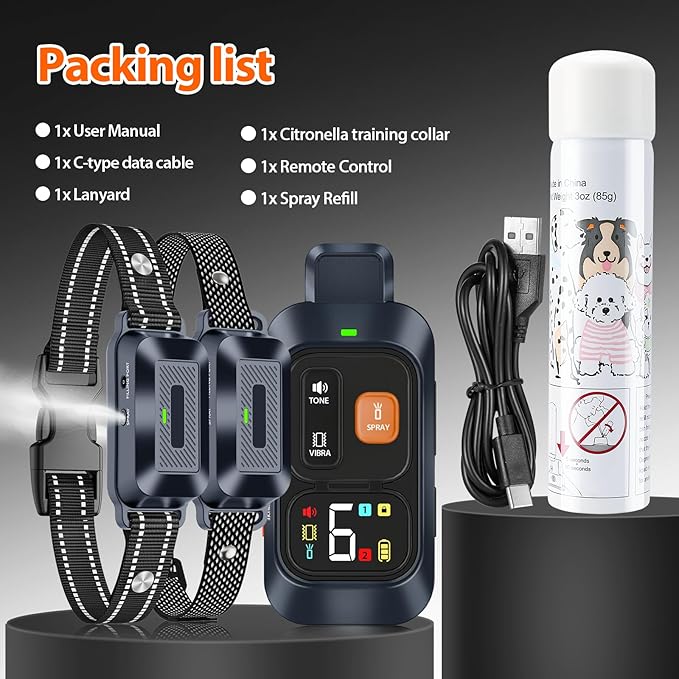 Citronella Dog Training Collar [2*Collar 1*Remote Control] 1000FT Citronella Dog Bark Collar with Remote 4 Training Modes Beep/Spray/Vibration 1-6 Levels for All Breeds