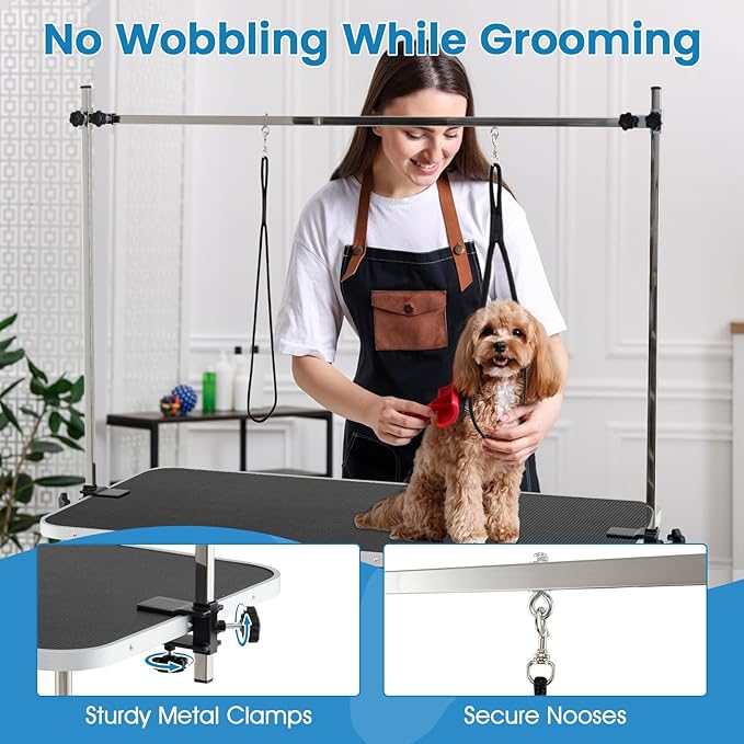 PETSITE 47 Inch Large Dog Grooming Table, Adjustable Pet Grooming Stand with Arms, Nooses, Mesh Tray, Foldable Pet Station at Home, 330 lbs Weight Capacity, Ideal for Dogs of All Ages, Black