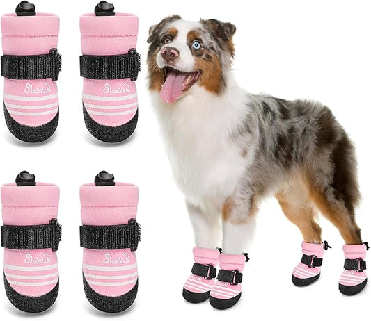 SlowTon Dog Shoes for Medium Large Dogs - Water Resistant Anti-Slip Dog Boots for Hot Pavement Rain Snow,Reflective Dog Paw Protectors for Outdoor Walking, Indoor Hardfloors(Pink,7)
