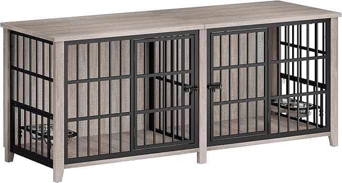 Lulive 78" Dog Crate Furniture for 1 Large or 2 Small/Medium, Extra Large Dog Kennel Indoor with Removable Divider & Adjustable Height Dog Bowls, Heavy Duty Wooden Double Dog Cage as TV Stand, Grey