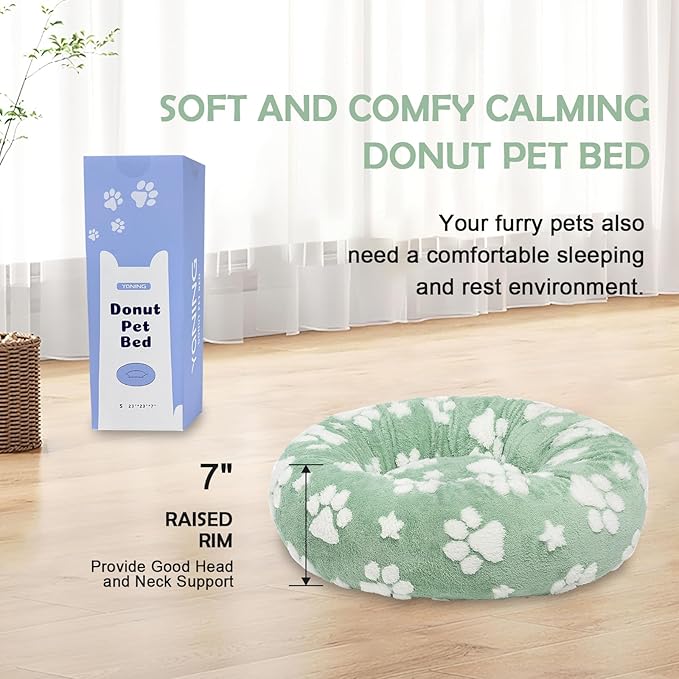 Donut Dog Beds for Small Dogs, Calming Round Cat Beds for Indoor Cats, Cute 3D Textured Paw Pet Bed with Removable Washable Cover and Anti-Slip Bottom（Green，23"）