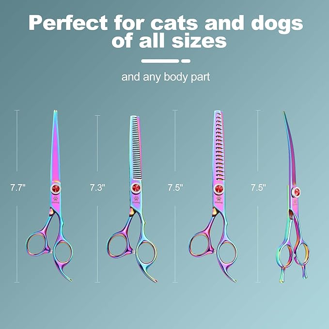 GLADOG 7 Inch Professional Dog Grooming Scissors Kit, Titanium Dog Scissors for Grooming, Heavy-Duty Dog Shears for Grooming, 6-in-1 Pet Grooming Scissors for Dogs (Pro Rainbow)