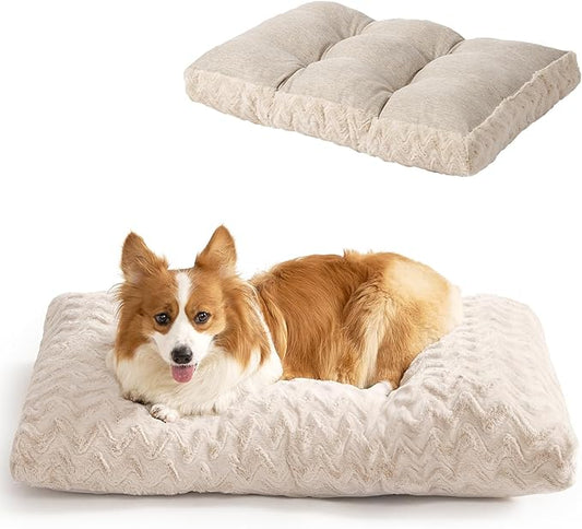 EHEYCIGA Reversible Dog Crate Bed Washable, Comfort Fluffy Plush Dog Kennel Pad for Large Dogs and Cats, Deluxe Machine Washable Pet Sleeping Mats, 35" x 23"x 3.5", Beige
