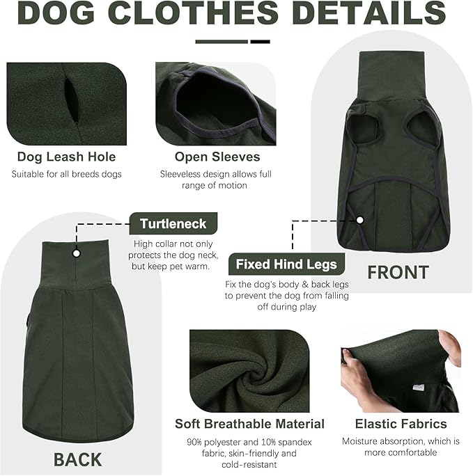 ROZKITCH Dog Winter Coat Soft Pullover Pajamas, Pet Windproof Warm Cold Weather Jacket Vest Cozy Onesie Jumpsuit Apparel Outfit Clothes for Small, Medium, Large Dogs Walking Hiking Travel Sleep Green