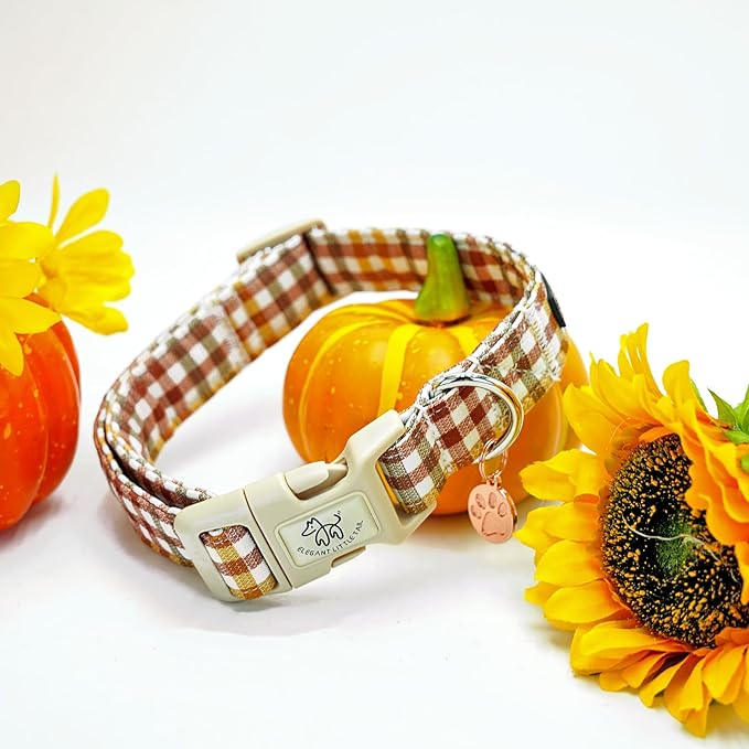 Elegant little tail Fall Dog Collar, Plaid Puppy Collars Fall Yellow Male Cute Puppy Adjustable Cotton Pet Collar with Quick Release Buckle for Small Medium Large Dogs