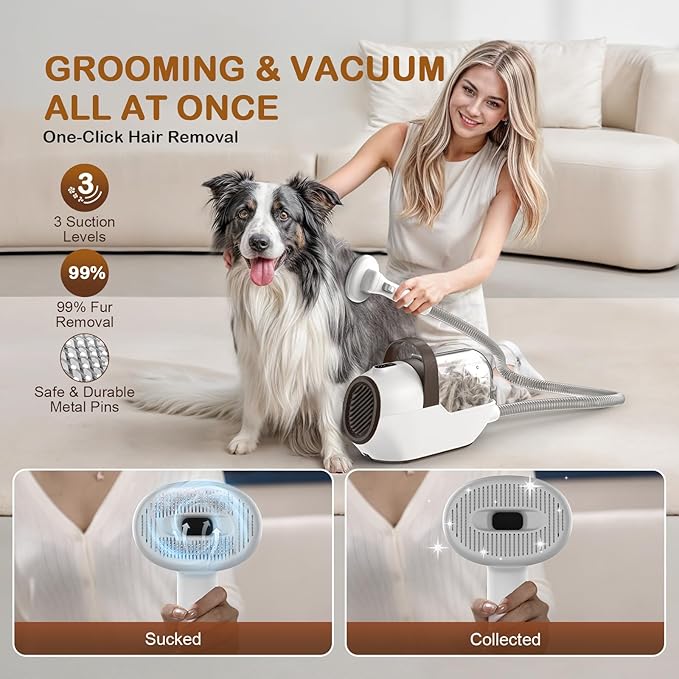 Dog Grooming Vacuum, Dog Grooming Kit with Pet Clipper Nail Grinder, 3 Suction Modes Dog Brush Vacuum with 6 Pet Grooming Tools (Brown)