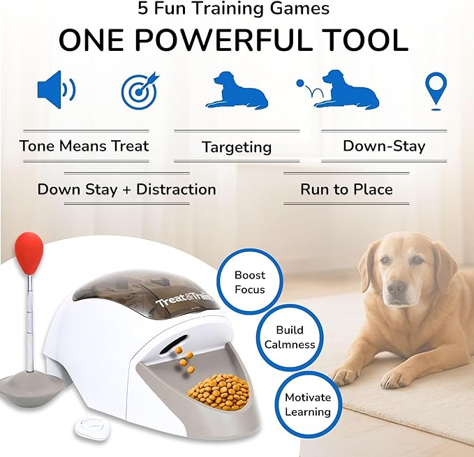 Treat&Train - Remote Treat Dispensing Dog Training System, Positive Reinforcement, Calm Behavior, Distraction Avoidance, Includes Instruction Booklet, Target Wand & Remote, for Dogs 6 Months & Up