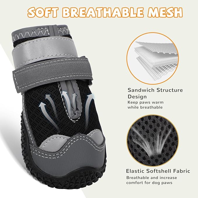 Dog Shoes for Hot Pavement,Dog Boots & Paw Protectors for Large Medium Size Dogs to Prevent Licking,Dog Booties with Reflective for Outdoor,Hiking,Hardwood Floors,Winter Snow(Black Grey,Size8)