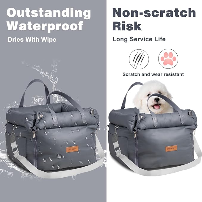 Dog Car Seat for Small & Medium Dogs, Waterproof Soft Leather Dog Car Bed with Harness Clip, Travel Bed & Carrier Bag for Pets, Fits Pets Up to 35 lbs (Navy Blue, Small & Medium)