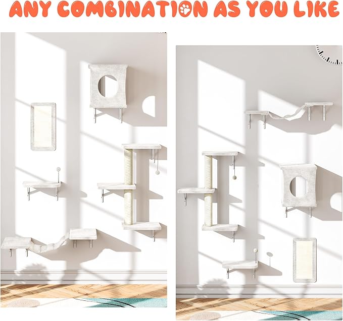 10-in-1 Cat Wall Shelves, Wall Mounted Cat Climber Set with Kitten House, Bridge, Steps, Scratcher, DIY Playground for Indoor Kitten Furniture Set, Beige