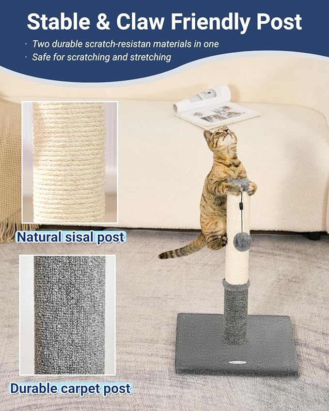Happi N Pets Cat Scratching Post, Cat Scratcher for Kittens or Medium Cats, Sisal Scratch Post & Carpet Post in One, Stable Kitten Scratching Post with Replaceable Toy, Extra Free Toy, Light Gray