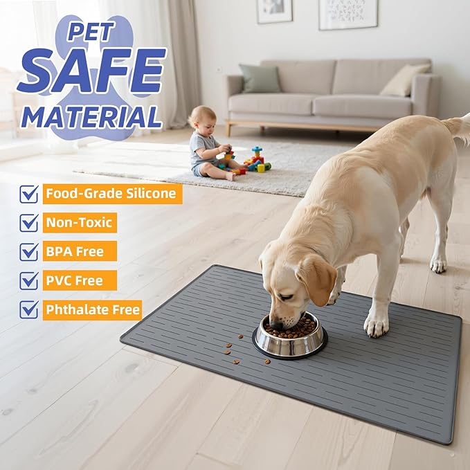 Large Dog Mats for Food and Water, 32"x24" Waterproof Pet Food Mats for Floor Nonslip Silicone Bowl Mats with Raised Edges