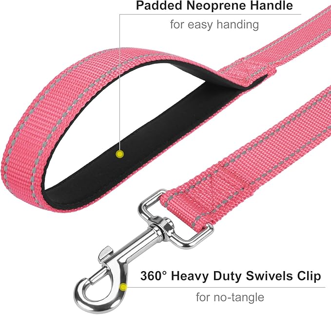 4FT Reflective Nylon Dog Leash with Soft Padded Handle for Walking, Running and Training, Supports Small Medium and Large Dogs (Neon Pink, 3/4 Inch Wide)