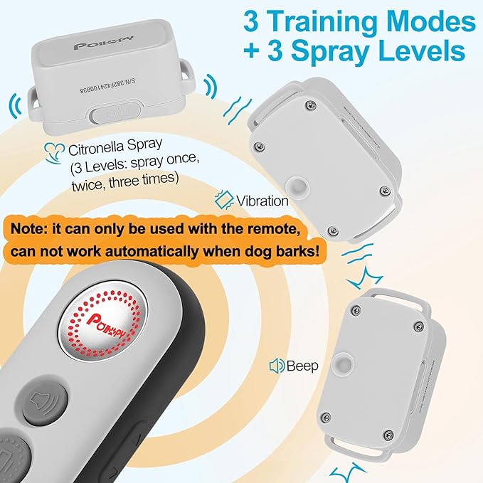 Citronella Dog Training Collar with Remote, Spray/Vibration/Beep, 3 Modes & 3 Spray Levels Humane Citronella Bark Collar, No Shock Rechargeable, 1000ft Range, Only Works with Remote