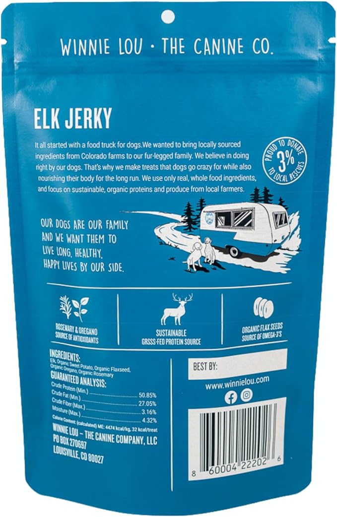 Winnie Lou Elk Jerky Dog Treats – Limited Ingredient, Human Grade, Training Treats for Small, Medium & Large Dogs, Made in USA (2 Pack)