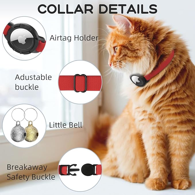 AirTag Cat Collars, Stretchy Collar with Apple AirTag Holder and Bell, Breakaway Ultra Design Elastic GPS Tracking Collars for Cats and Puppies, (7.5-12.5 Inch), Red