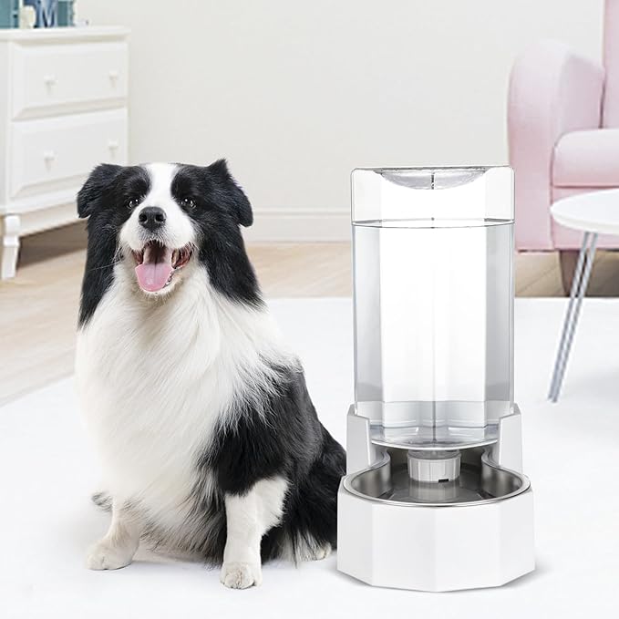Sfozstra Automatic Pet Water Dispenser: 8L White Gravity Stainless Steel Water Bowl - with Specialized Brush - Angular Water Feeder for Senior Pet Dogs with Neck Pain Relief in Living Room Bedroom