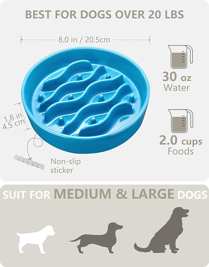 Ceramic Slow Feeder Dog Bowls for Medium and Large Dogs, 2.0 Cups Dog Slow Feeder for Fast Eater, 30oz, 8in, Baby Blue