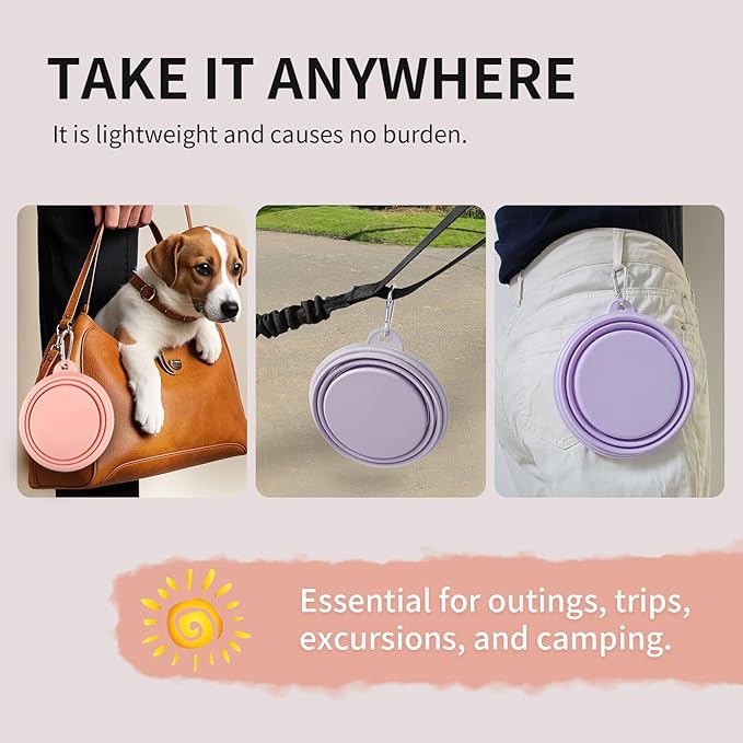 Collapsible Dog Bowls 2-Pack, Portable Travel Dog Bowl with Carabiner, Food-Grade Silicone Pet Bowl for Hiking, Walking (22 OZ Macaron Pink and Violet)
