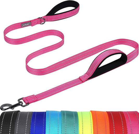 VIVAGLORY Twingrip Dog Leash, Double Handle Dog Leash for Training & Walking with Traffic Handle & 2 Loop, Traffic Control Reflective Heavy Duty for Puppy Pet, 5ft x 1in, Pink
