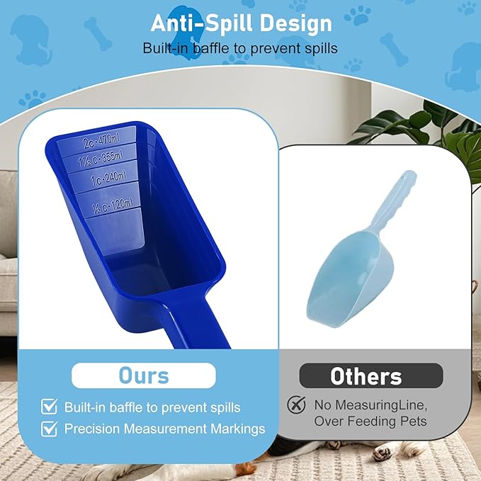 Food Scoop 2 PACK,2 Cup Capacity Dog Food Scoop With Measuring Lines For Dog, Puppy and Cat Coffee Bean Scoop, Flour Scoop (Large Blue)