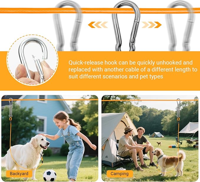 Heavy-Duty Dog Tie-Out Cable Runner System for Yard & Camping, 50/100/120ft with 10/15ft Pulley Line, Supports Dogs Up to 250lbs (Orange, 100FT)