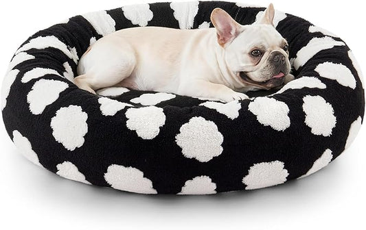 JOEJOY Donut Calming Small Dog Bed, Round Cat Beds for Indoor Cats with Removable Washable Cover, 23In Orthopedic Cute Puppy Kitten Pet Bed with Jacquard Shaggy Plush & Non Skid Bottom, Black