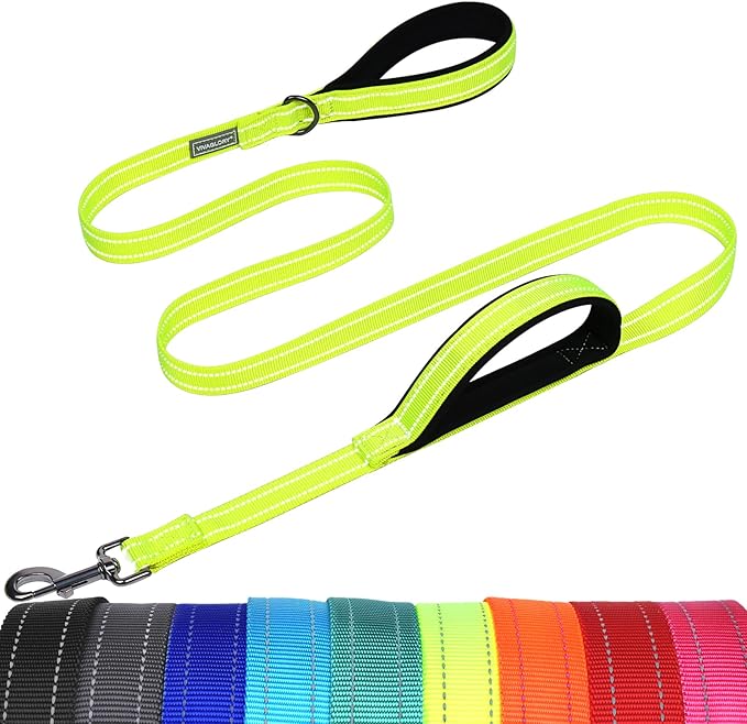 VIVAGLORY Twingrip Dog Leash, Double Handle Dog Leash for Training & Walking with Traffic Handle & 2 Loop, Traffic Control Reflective Heavy Duty for Puppy Pet, 5ft x 1in, Bright Yellow