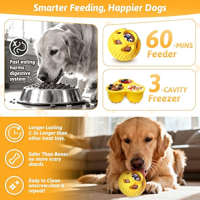 Treat Dispensing Dog Toys & Dog Puzzle Toy to Keep Them Busy, Bite and Brush Dental Toy for Medium Large Dogs Bathing Grooming, Enrichment Toys Freeze Ball for Dogs (Blue Yellow)