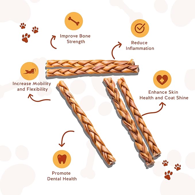 Jack&Pup 12" Braided Beef Collagen Sticks for Dogs - Rawhide Free Dog Chews Long Lasting Collagen Chews for Dogs - Bully Sticks Alternative (8 Pack)