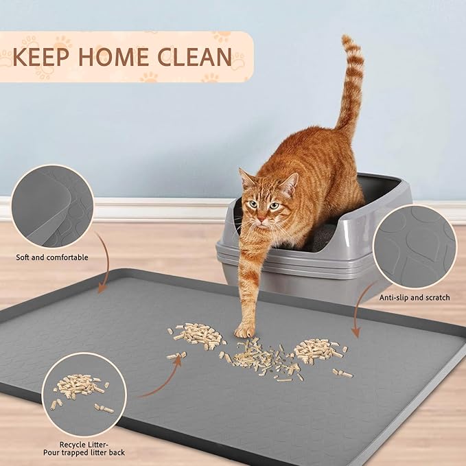 Cat Litter Mat, Large 34" X 22" Silicone Litter Box Mat for Litter Trapping,Waterproof Cat Mat with Raised Edge for Floor