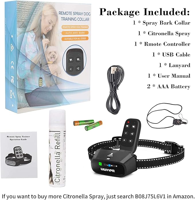 Citronella Dog Training Collar with Remote, Auto + Manual 2 Modes, Spray + Beep Citronella Dog Bark Control Collar, No Electric Shock Humane Safe Rechargeable Waterproof Anti Bark Device for Dogs