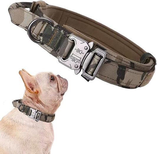 Tactical Dog Collar Military Dog Collar Adjustable Nylon Dog Collar Heavy Duty Metal Buckle with Handle for Dog Training (Camo,S)