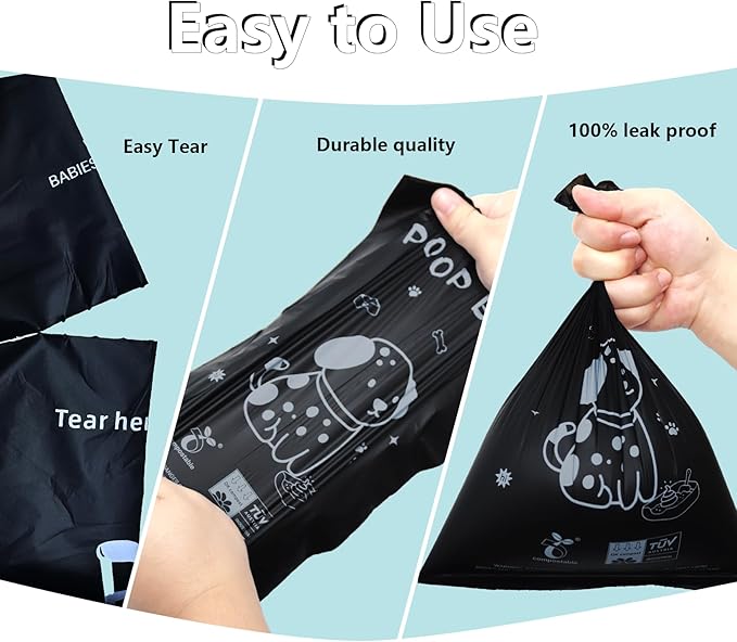 100% plant-based Dog Poop Bags Rolls, ASTM D6400 & EN 13432 Compliant, 450 Poop Bags including dispenser, 13 in × 9 in black poop bags for dogs, Super thick 100% leak proof