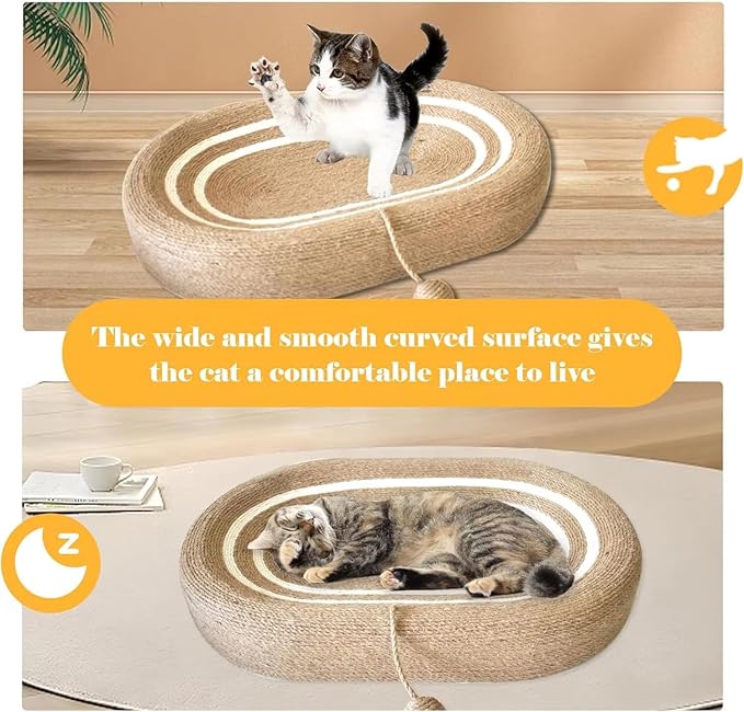 Cat Scratching Post and Cat Mat - 24 Inch Durable Sisal Rope with Interactive Ball, 3-in-1 Cat Scratcher Cardboard Bed for Indoor Cats to Play, Round-Oval Rest and Scratch (Medium Large Size, Oval)