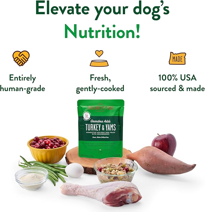 Portland Pet Food Company Fresh Dog Food Pouches - Human-Grade Toppers Wet Meal & Mixers - Grain-Free Limited Ingredient Grandma Ada's Turkey & Yams - Small & Large Breed Puppy & Senior Dogs - 5 Pack