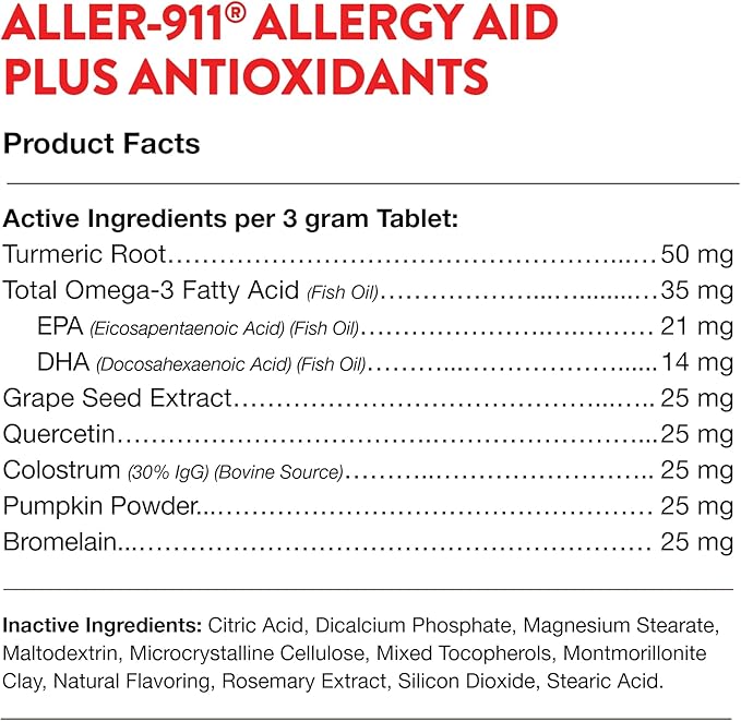 NaturVet Aller-911 Advanced Allergy Aid for Dogs, Cats – Antioxidant-Rich Pet Supplement with Omegas, DHA, EPA – Helps Support Dog Immune System, Cat Respiratory Health, Skin Moisture 60 Ct.