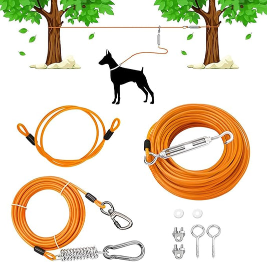 Heavy-Duty Dog Tie-Out Cable Runner System for Yard & Camping, 50/100/120ft with 10/15ft Pulley Line, Supports Dogs Up to 250lbs (Orange, 200FT)