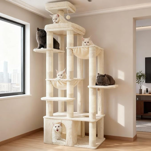 Heybly Cat Tree, 71-Inch Tall Cat Tower for Large Maine Coon Cats with Extra-Large Baseboard, Cat Condo Furniture with Multi-Level Platforms, 2 Hammocks and 12 Scratching Posts, Beige HCT037M