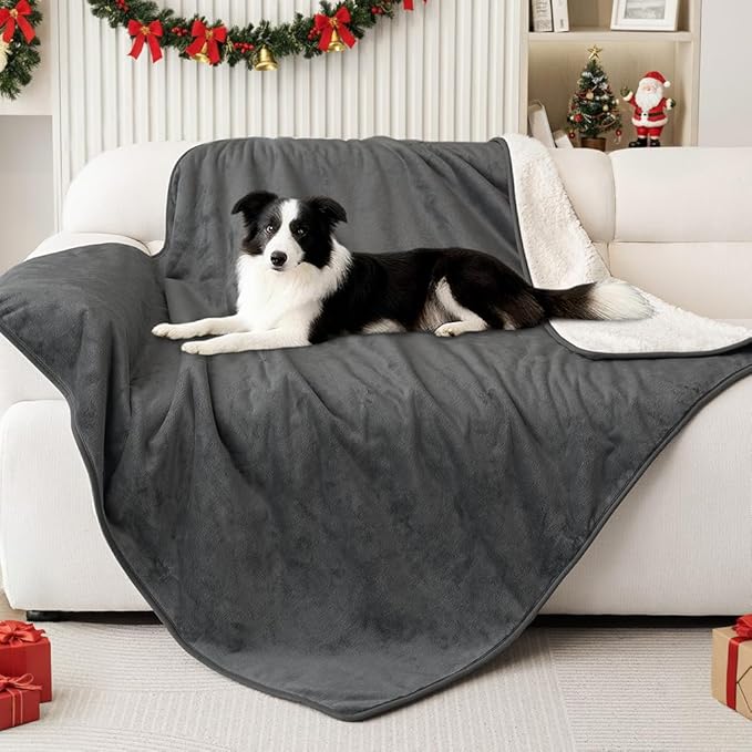 Smiry Waterproof Dog Bed Blanket, Leakproof Pet Throw Blanket for Bed Couch Sofa, Reversible Sherpa Fleece Furniture Protector Cover for Small Medium Large Dogs Cats (Dark Grey, 50x60 inches)