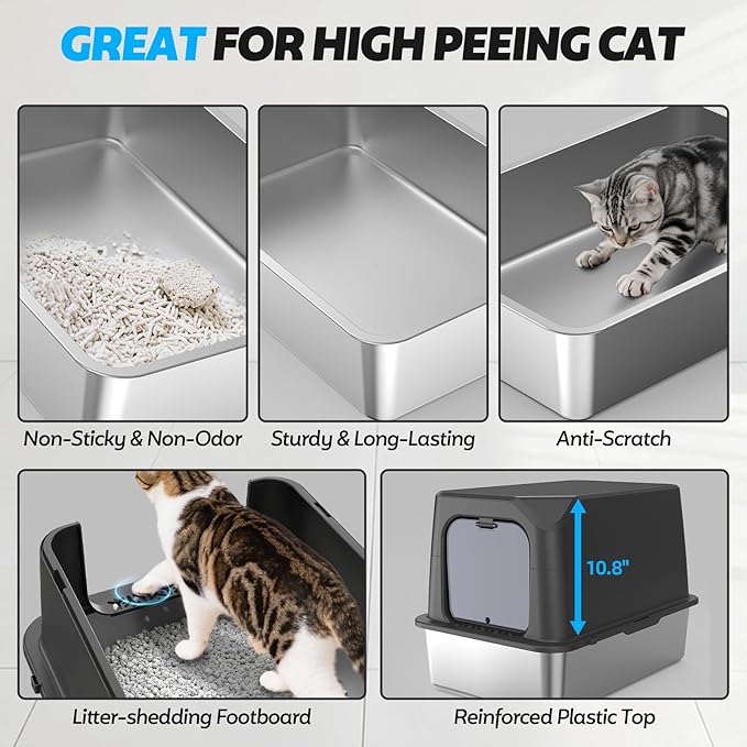 Enclosed Stainless Steel Cat Litter Box with Lid, XL Extra Large Litter Box for Big Cats, Metal Litter Pan High Sided, Never Absorbs Odors, Anti-Urine Leakage, Include Scoop (Dark Grey)