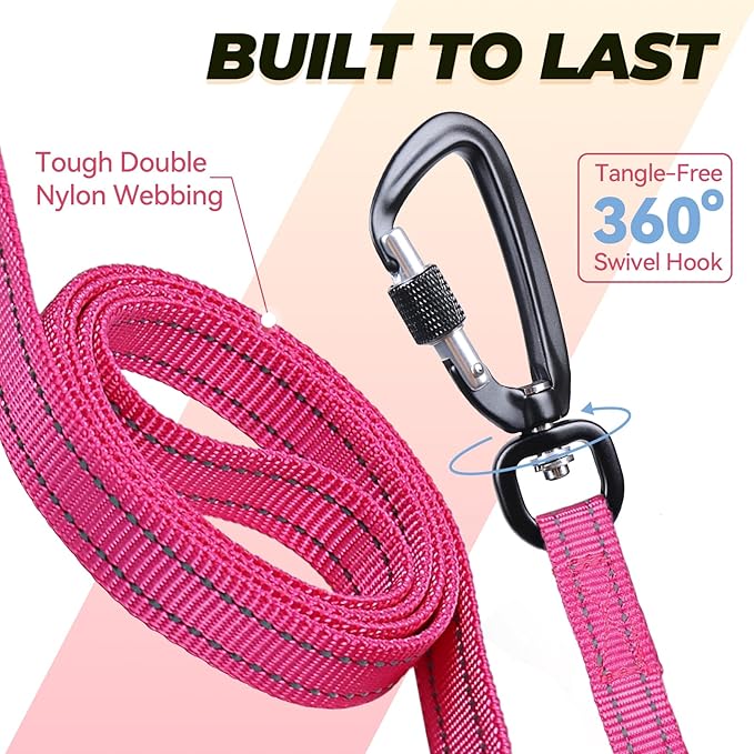 VIVAGLORY Dog Leash Lighthook Double Handle Dog Leash with Traffic Handle & Locking Carabiner for Walking & Training, Traffic Control Lightweight Carabiner for Puppy Pet, 4ft x 1/2in, Pink