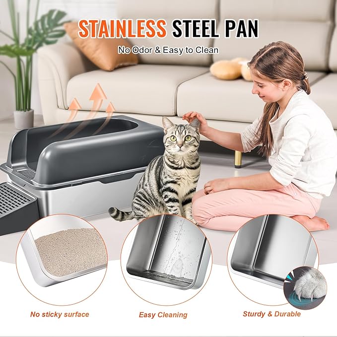 VEVOR Stainless Steel Cat Litter Box with Lid, XL Extra Large Enclosed Cat Box for Big Cats, High Sides Metal Litter Box, Anti Leakage,Odor-Free & Easy Cleaning,Include Scoop & Foot Board