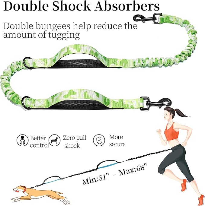 iYoShop Hands Free Dog Leash with Zipper Pouch, Dual Padded Handles and Durable Bungee for Walking, Jogging and Running Your Dog (White-Green Mix, Large)