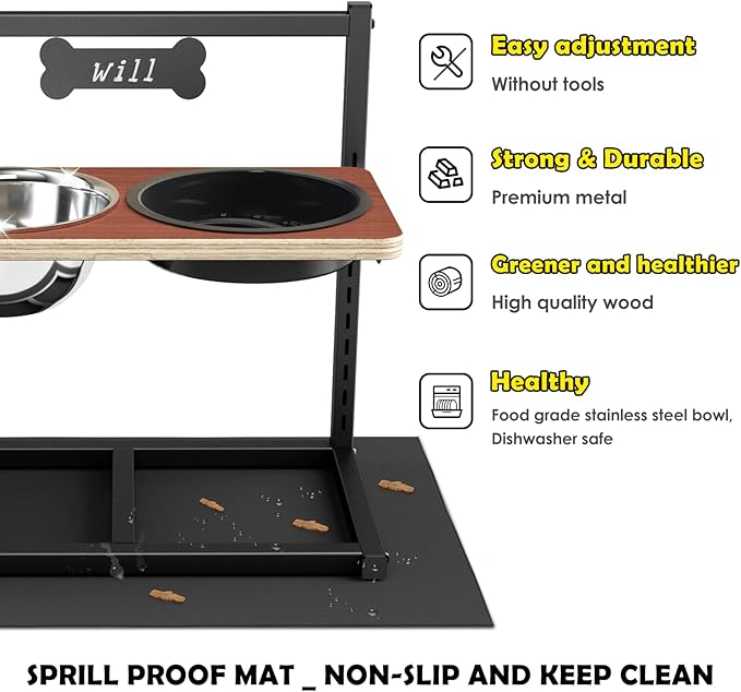 Elevated Dog Bowls with Slow Feeder - 9 Heights Adjustable Raised Dog Bowl Stand with Two 1.7L Stainless Steel Dog Food Bowls & Slow Feeder and a Nonslip Pad, Perfect for Medium Large Breed