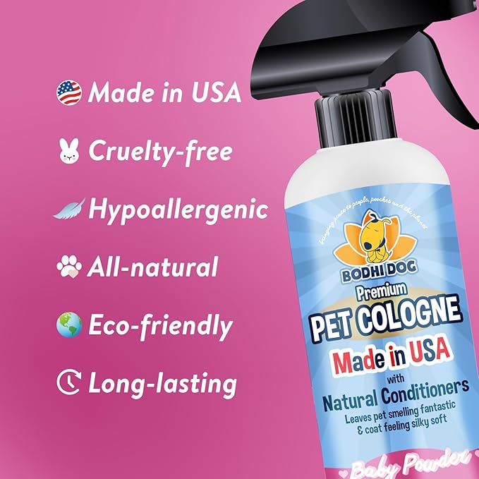 Bodhi Dog Premium Dog Cologne - Deodorizing Dog Perfume & Conditioner for Dogs & Cats - Natural Long Lasting Spray - Keeps Pets Fresh All Day - Gentle, Safe Formula, Made in USA - Baby Powder 17 Fl Oz