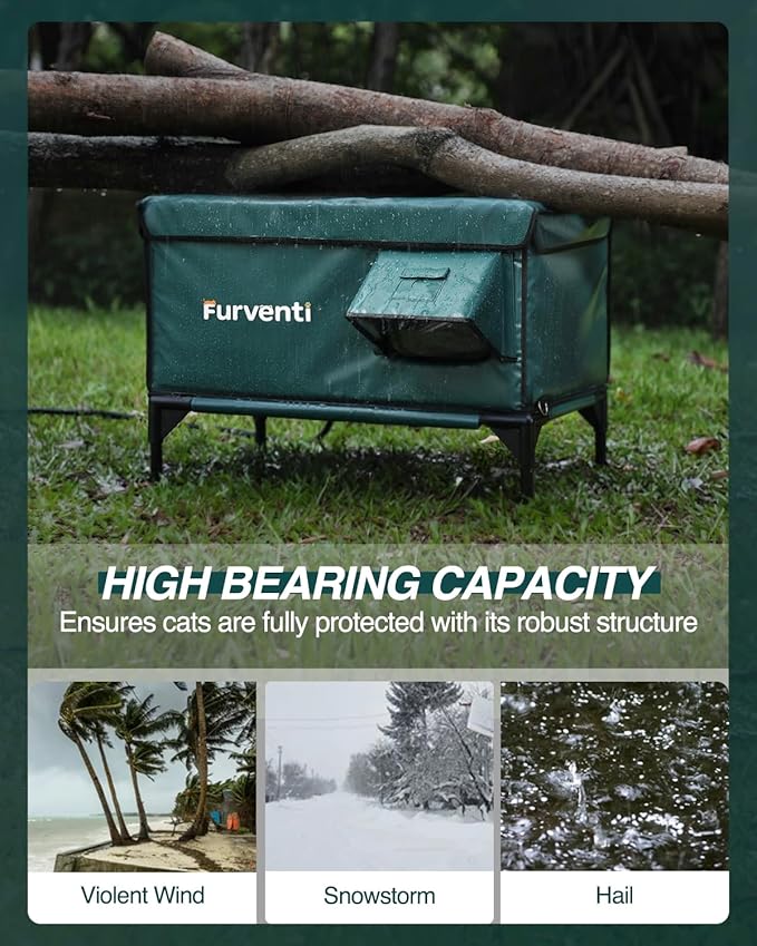 Heated Cat House for Outside,Dual Camera Mounts,100% Weatherproof & Extremely Insulated,Elevated Feral Cat Shelter with Escape Door,Waterproof Eaves for Outdoor Stray Barn Cat(Dark Green,L)