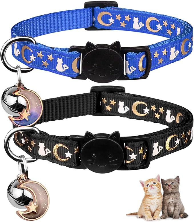 2PCS Breakaway Cat Collars with Bell Moons Stars Cute Kitty Adjustable Safe Kitten Collars with Pendant Glow in The Dark(Black&Blue)