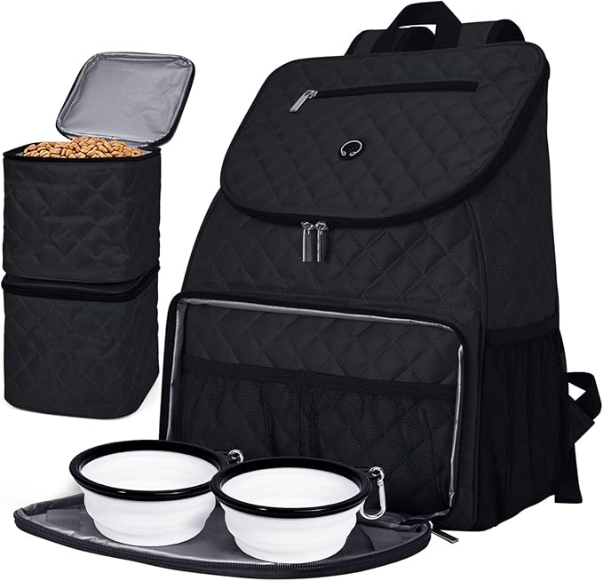 BAGLHER Dog Travel Bag, Airline Approved Pet Supplies Backpack, Dog Travel Backpack with 2 Silicone Collapsible Bowls and 2 Food Baskets, Black